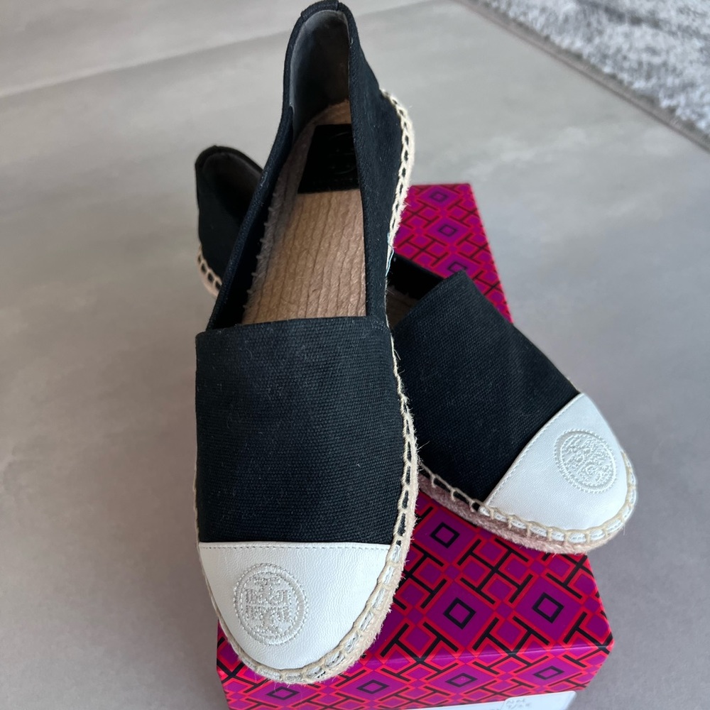Tory Burch espadrilles black canvas slipon leather cap toe 7 slides miller Reva - Picture 2 of 6